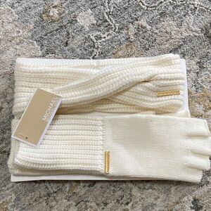 Michael Kors Cream Knit Headband and Fingerless Glove Set